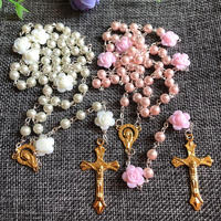 6mm rose Verre Perle Chapelet Perle Rose Fleur Connecteurs Avec Vierge Dorée Marie Centre et Jésus Croix
