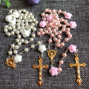 6mm rose Verre Perle Chapelet Perle Rose Fleur Connecteurs Avec Vierge Dorée Marie Centre et Jésus Croix - Product Image 3