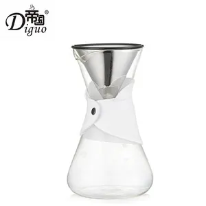 Diguo 600ml 20 Oz collare in pelle di colore bianco Glass Share Pot Coffee Tea Maker con cono filtrante in acciaio inossidabile