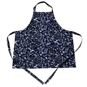 Delantal de poliéster estampado para mujer, para el hogar y la cocina ropa de cocina, con bolsillo, color negro