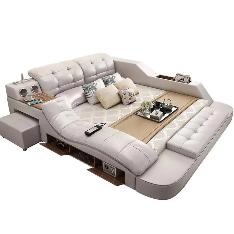 Beige Slaapkamer Sets Opslag Bed Frame Met Massage Bed En Matras Slaapkamer Meubels