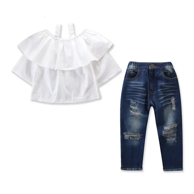 Baby Girl Kleidungs set Weiß Condole Top Jeans Broken Hole Pants 2pcs Kids Fashion Outfits Kleinkind Mädchen Kleidung Größe 2-6Y