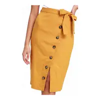 Fashion Terbaru Wanita Mustard Kuning Tombol Bawah Midi Rok Linen