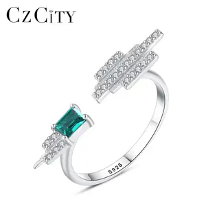 CZCITY New Design Green Gemstone 925 Silver Ring Women Weeding Gemstone Open Sterling Thick Silver Ring