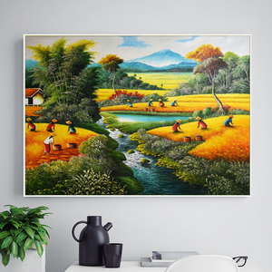 Pintura al Óleo sobre Lienzo <span class=keywords><strong>de</strong></span> <span class=keywords><strong>Campo</strong></span> <span class=keywords><strong>de</strong></span> Arroz con Paisaje <span class=keywords><strong>de</strong></span> Cosecha, Arte Asiático Tradicional Hecho a Mano - Product Image 3