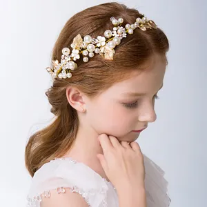 Venta al por mayor los niños flor cintas para el pelo de la princesa Niños Accesorios de fiesta de boda hojas de Metal perla diadema corona para niñas