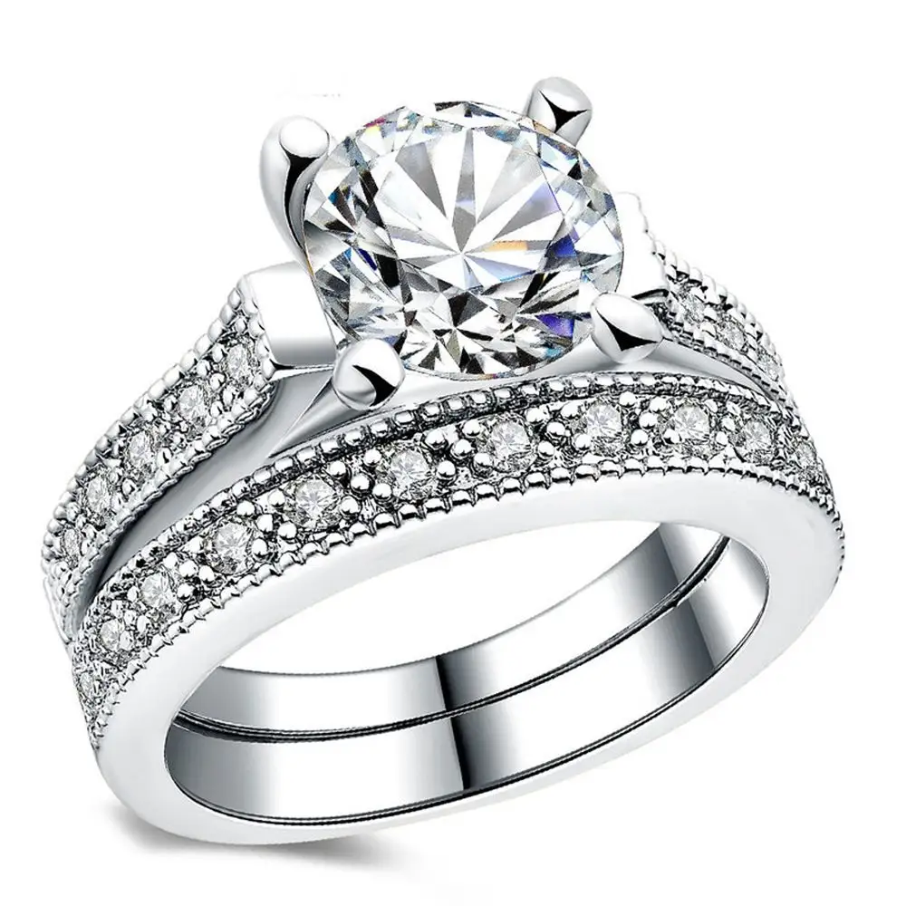 Luxurious Design 18K White Gold Plated Copper Zircon Diamond Engagement Wedding Ring Sets