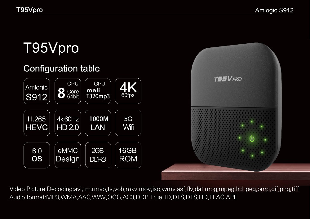 T95V Pro Android 6.0 tv digital por cable set top box S912 Octa core 2 GB/16 GB 4 K HD WiFi de Dual 2017 mejor caja de la tv