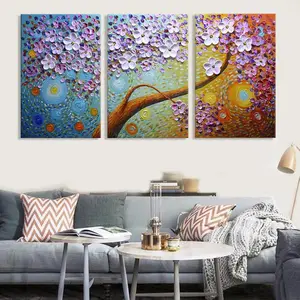 3D Afdrukken-3 Panel Handgeschilderde Olieverf Set Bloem Boom Canvas Schilderij Art Impression Schilderen Muurschilderingen decoratie