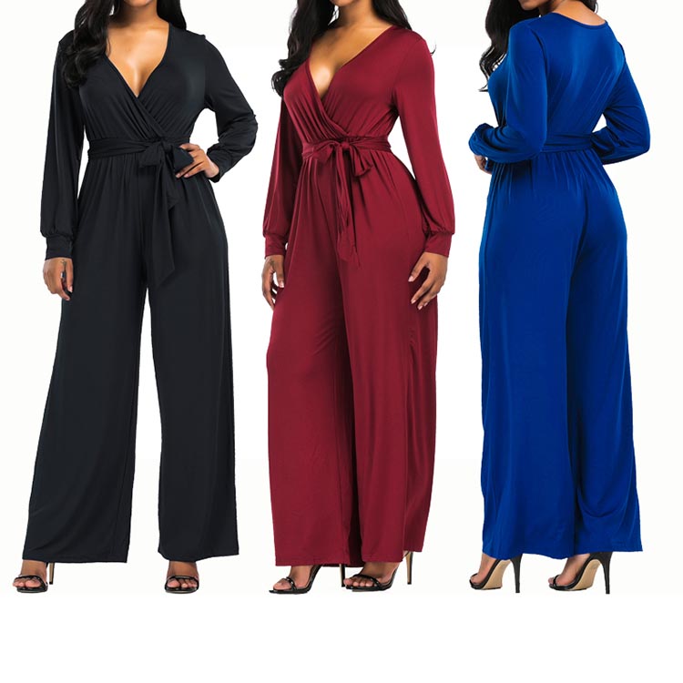 Sample Accepted Deep V Front Wrap Woman Ladies Wide Leg Jumpsuit With Waistband