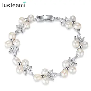 LUOTEEMI Natural Pearl Bracelets for Women Silver Color Link Chain CZ Crystal Flower Bridal Wedding Jewelry Bracelets & Bangles