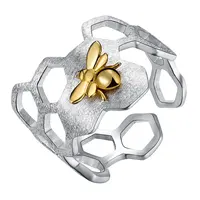 कमल मज़ा थोक डिजाइनर मूल्य शुद्ध 925 स्टर्लिंग चांदी की अंगूठी के लिए छत्ते सोने मधुमक्खी खुला अंगूठी महिलाओं कस्टम हाथ से बने गहने