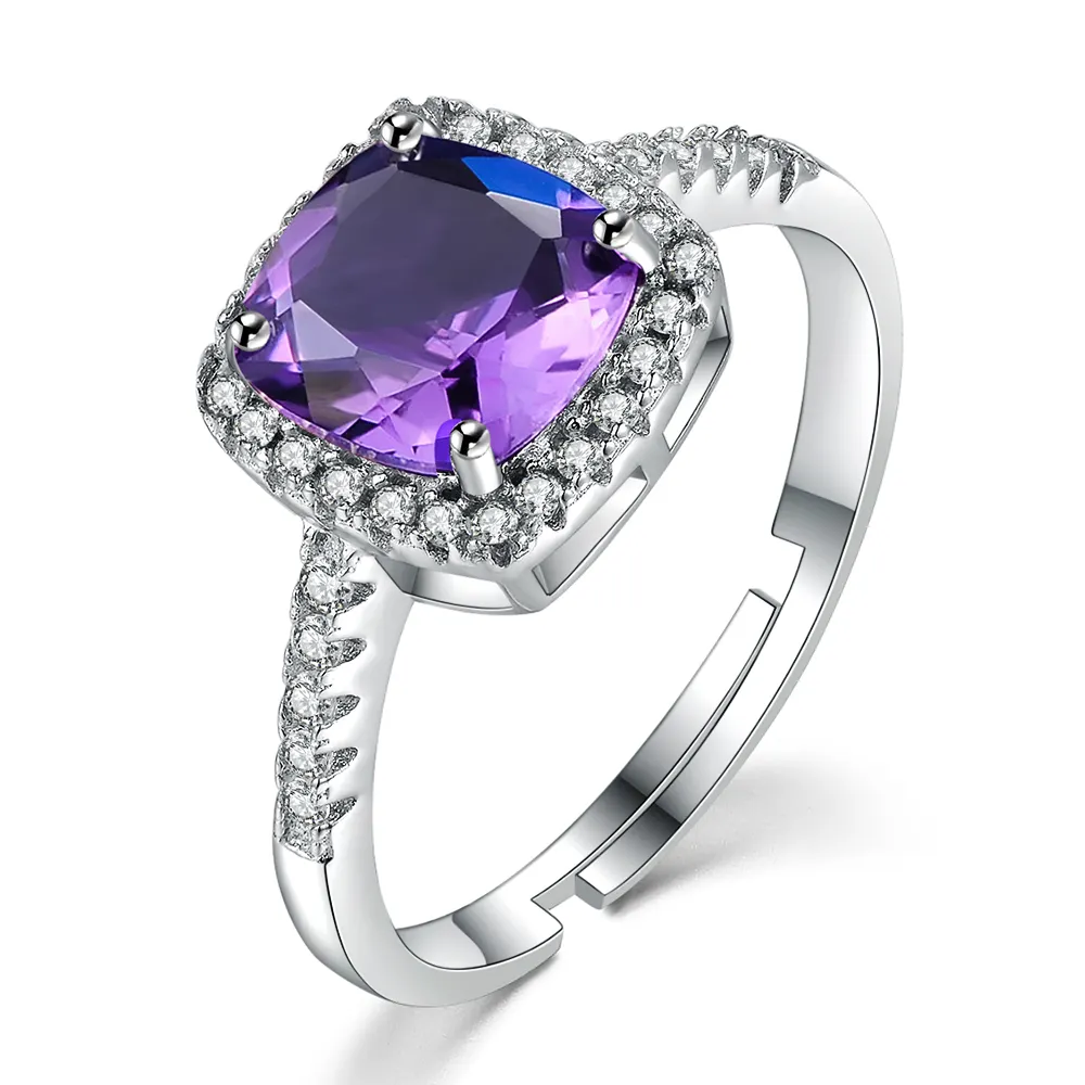 925 Sterling Silver Fine Jewelry Classic 7mm Cushion Cut Natural Amethyst Wedding Engagement Ring RI039