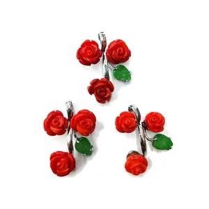 Hand Carved Red natural Bamboo Coral Pendant coral flower pendants with green jade leaf stainless steel charms