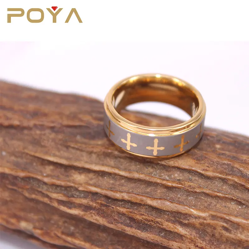 POYA Jewelry 8mm Vintage Style Laser Cross Ring Designs Rose Gold Plated Tungsten Engagement Wedding Bands For Girls And Boys