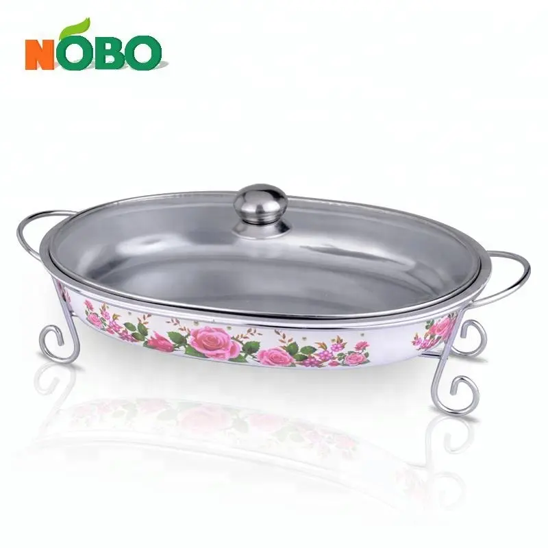 Flower Design Stainless Steel Buffet Food Server Oval Tray With Stand