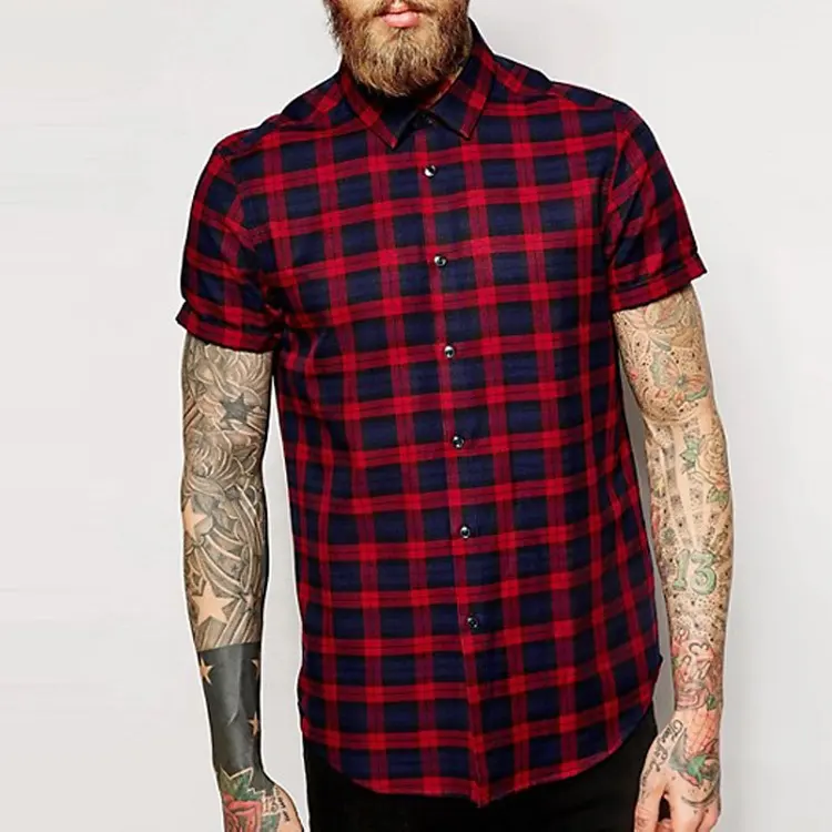 No Hooded Lightweight Curved Hem Wholesale Plaid Button Up Short Sleeve Flannel Shirt For Men