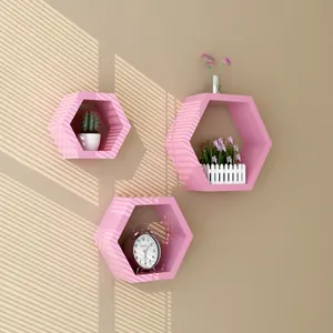 Alta calidad 3 unidades MDF madera hexagonal decorativos de pared estante flotante
