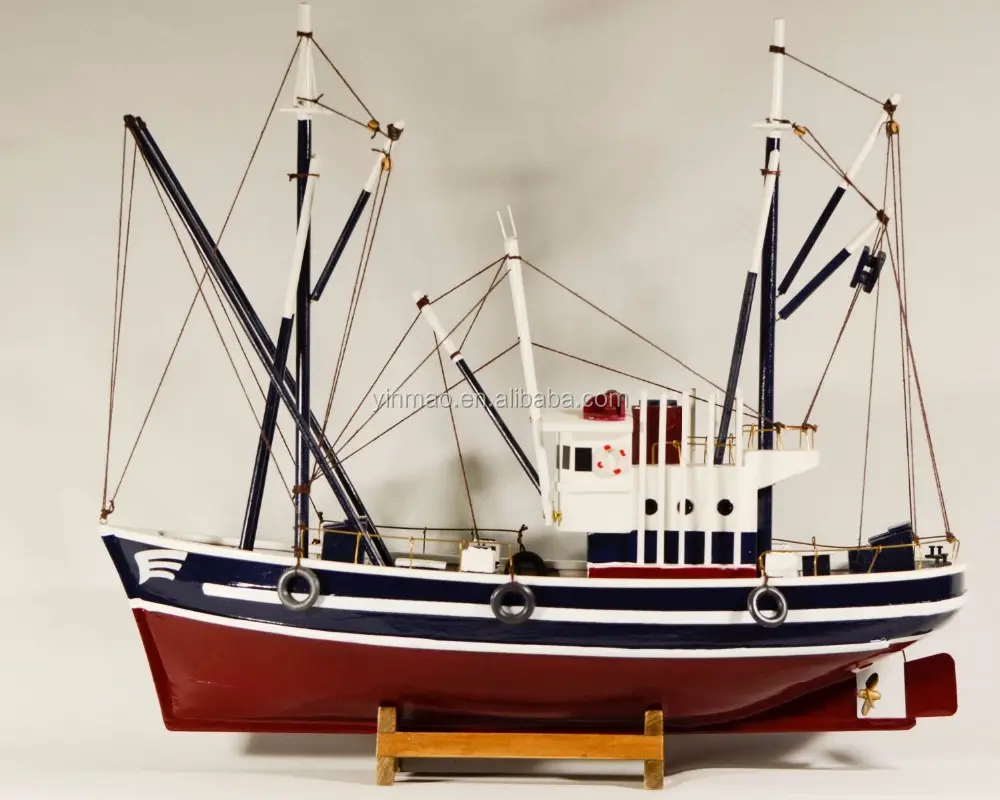 Wooden fishing boat model, 41x13x36cm, Red/Black, Replic Fishing ship vessel model with flags, nautical table decor