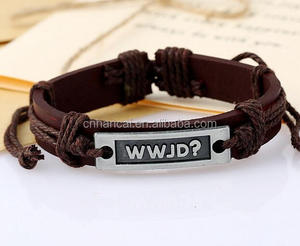 Bracelet manchette en cuir véritable avec lettres de jd, manchette, à la mode, pour femmes et hommes, (WWJD), cadeaux - Product Image 4