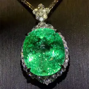 Saudi Arabia 18k gold gem jewelry with diamond 28.35ct Paraiba natural neon green tourmaline necklace pendant