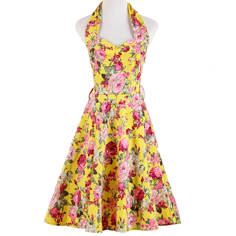 Uk Vintage Stijl Kleding Fabrikant Geel Bloemenprint Patroon Halter Jurk Online