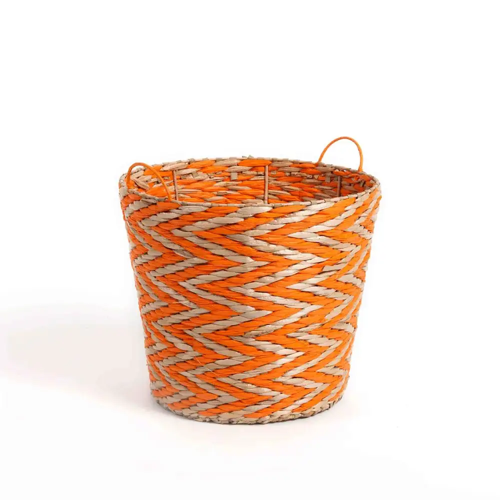 Panier de rangement en osier rond, à rayures oranges, en gazon de mer, pour le linge, vente en gros,