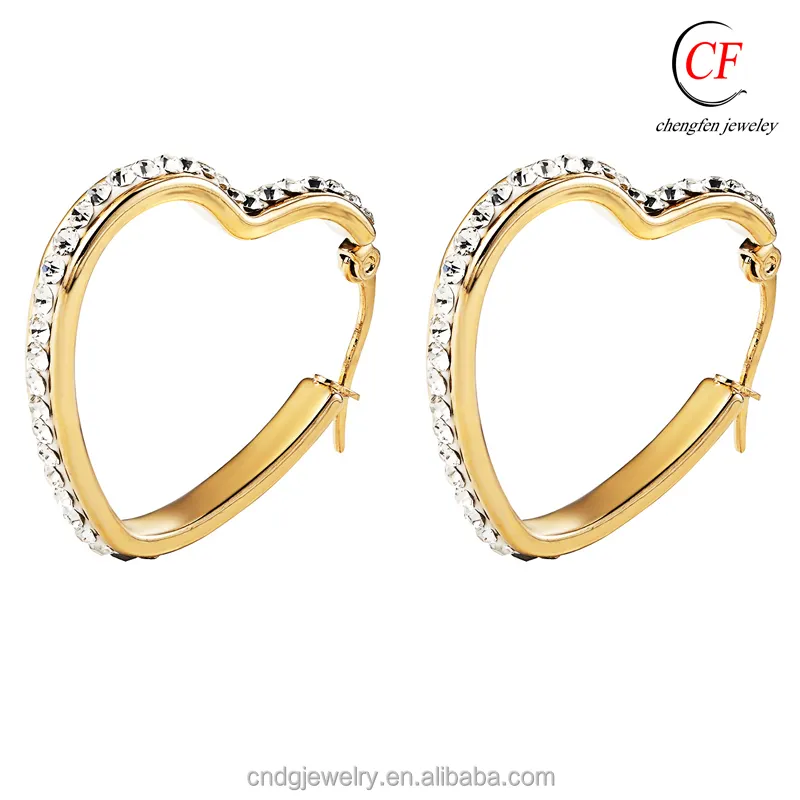 Chengfen Factory Pave Rhinestone Heart Beautiful Earring Saudi Gold Jewelry Earring