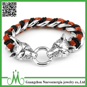 Acero inoxidable de la cabeza del lobo de la cadena cubana pulsera trenzada cuero cuerda pulsera Negro Marrón Plata - Product Image 1
