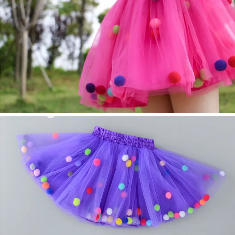 Toptan bebek çocuk kız Pom Pom topları elbise renkli Ruffles bebek kız Tutu etek