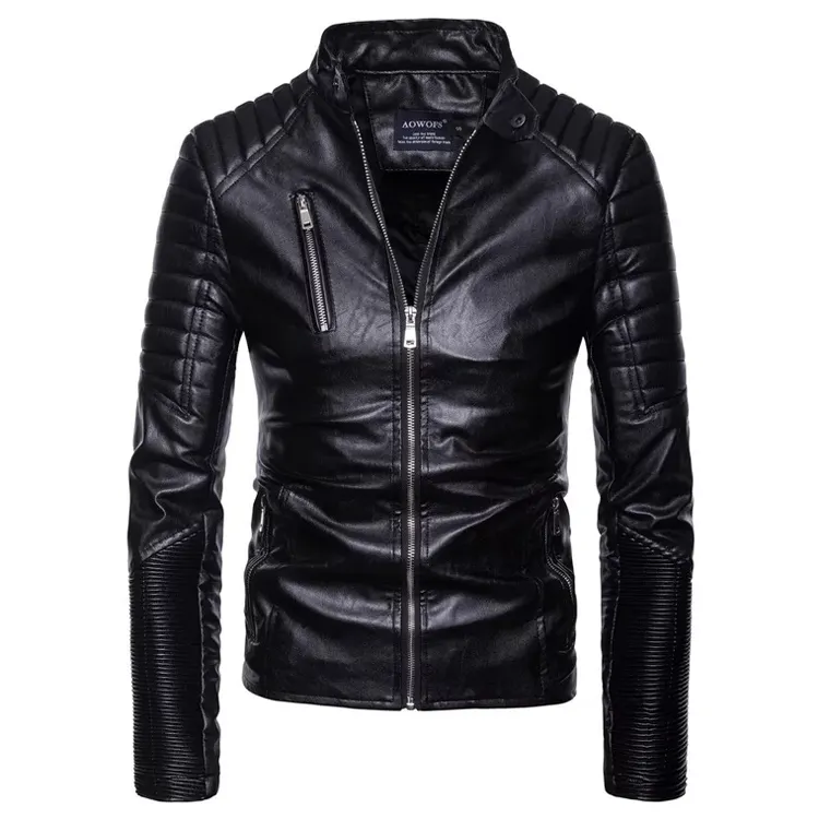classic PU leather moto jacket for men