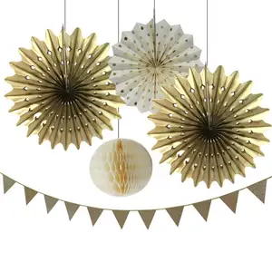 Wholesale Hanging Background Decoration For Parties Stage Gold Paper Fan Set