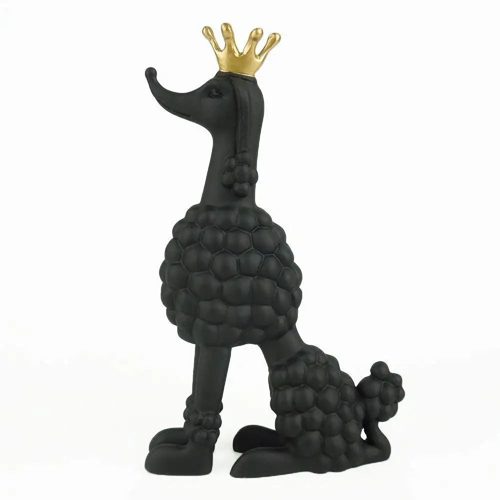 Estatueta artística dourada pequena preta e branca coroa poodle