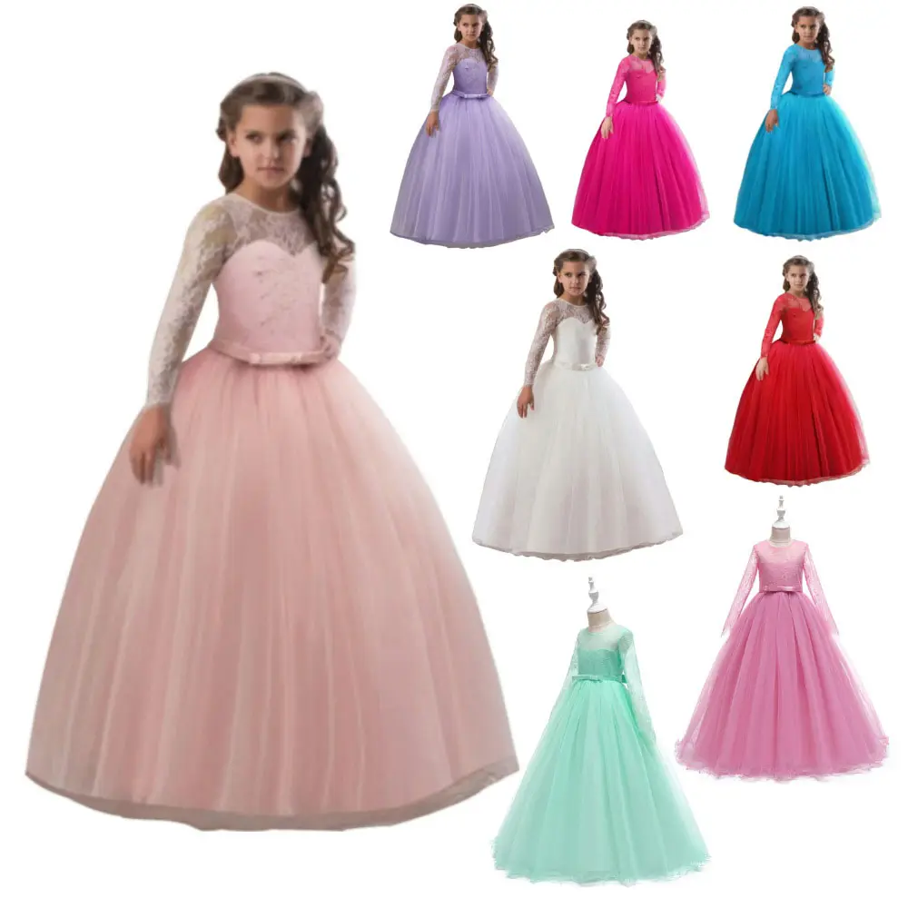 Ropa de boutique para niños y fiestas, diseños de vestidos de manga larga de noche de encaje de princesa para niñas con el mejor servicio y bajo precio