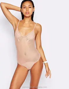 Custom mesh sheer one piece swimsuit nude color plunge front Swimwear Bathing Suits For girl