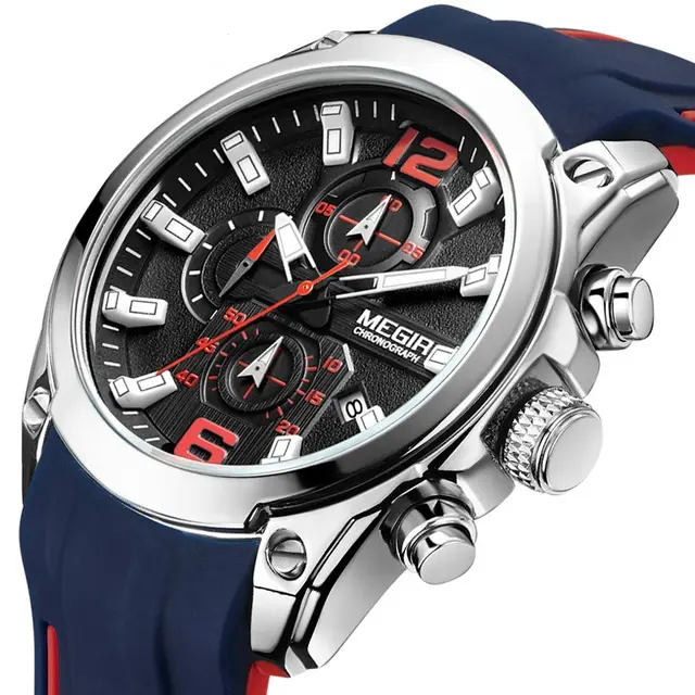 Megir Watch 2063 Men's Quartz Blue Watch Luxury Band Date Week Silicon Megir Watches Men Wrist High Quality Quartz WristWatches