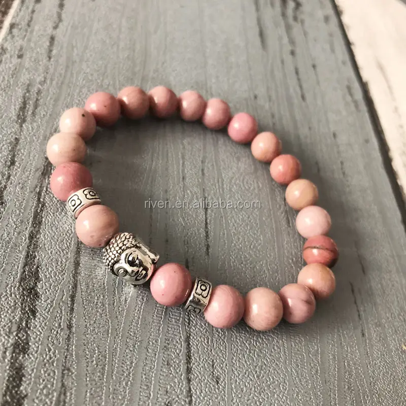 SN0874 Pink Rhodonite Women Silver Buddha Head Mala Prayer Beads Wrist Stone Bracelet For Unisex