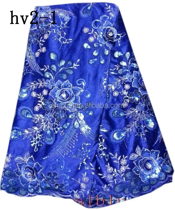 HV2-1 royal blue wholesale high quality african velvet lace nigeria velvet laces