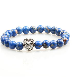 azul marino 8mm sodalita piedra natural del grano plateado león hombres brazalete pulsera con precio barato - Product Image 4