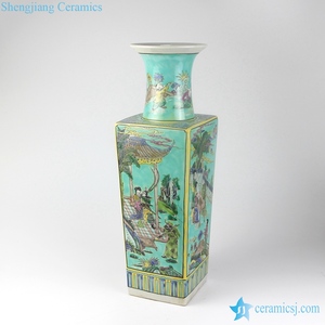 <span class=keywords><strong>Vaso</strong></span> quadrato <span class=keywords><strong>in</strong></span> ceramica RZJH04-B Famille Rose con sfondo verde, stile dinastia Qing, motivo a persone della corte antica. - Product Image 5