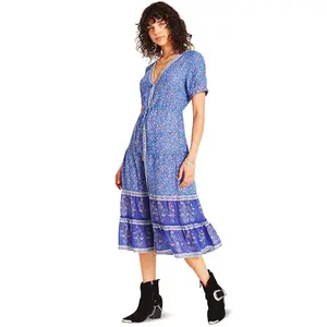 Yiwu Factory Women V Neck Dresses Clothing Summer Bohemian Floral Hippie Dress