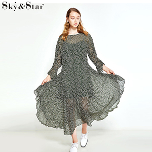 Nuevo estilo manga larga <span class=keywords><strong>verde</strong></span> impreso Maxi largo <span class=keywords><strong>vestido</strong></span> de gasa - Product Image 1