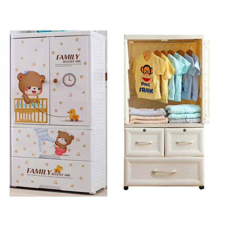 60*41*114CM open door baby bear cartoon plastic wardrobe with hanger and 3 drawers