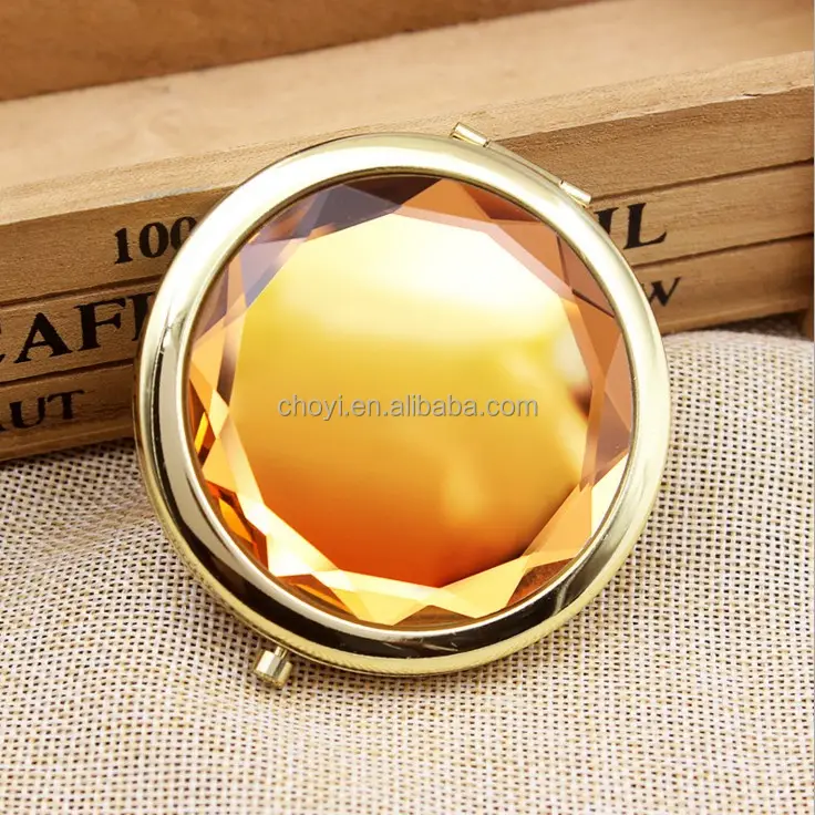 Gouden Frame Mini Spiegel Lady Cosmetische Bling Kristal Metalen Custom Laser Logo Pocket Folding Spiegel