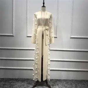 Wholesale Beige Abaya Shops in Dubai Open Abaya Kaftan with 3D Flowers