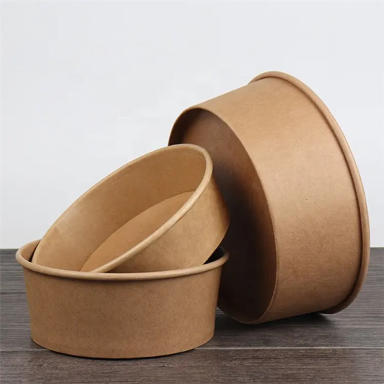 Ready bulk Disposable Round Bowl kraft paper take out salad bowl with pp pet paper lid