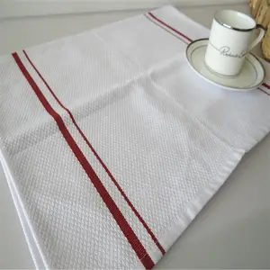 批发普通标准尺寸棉白色与红条纹茶巾