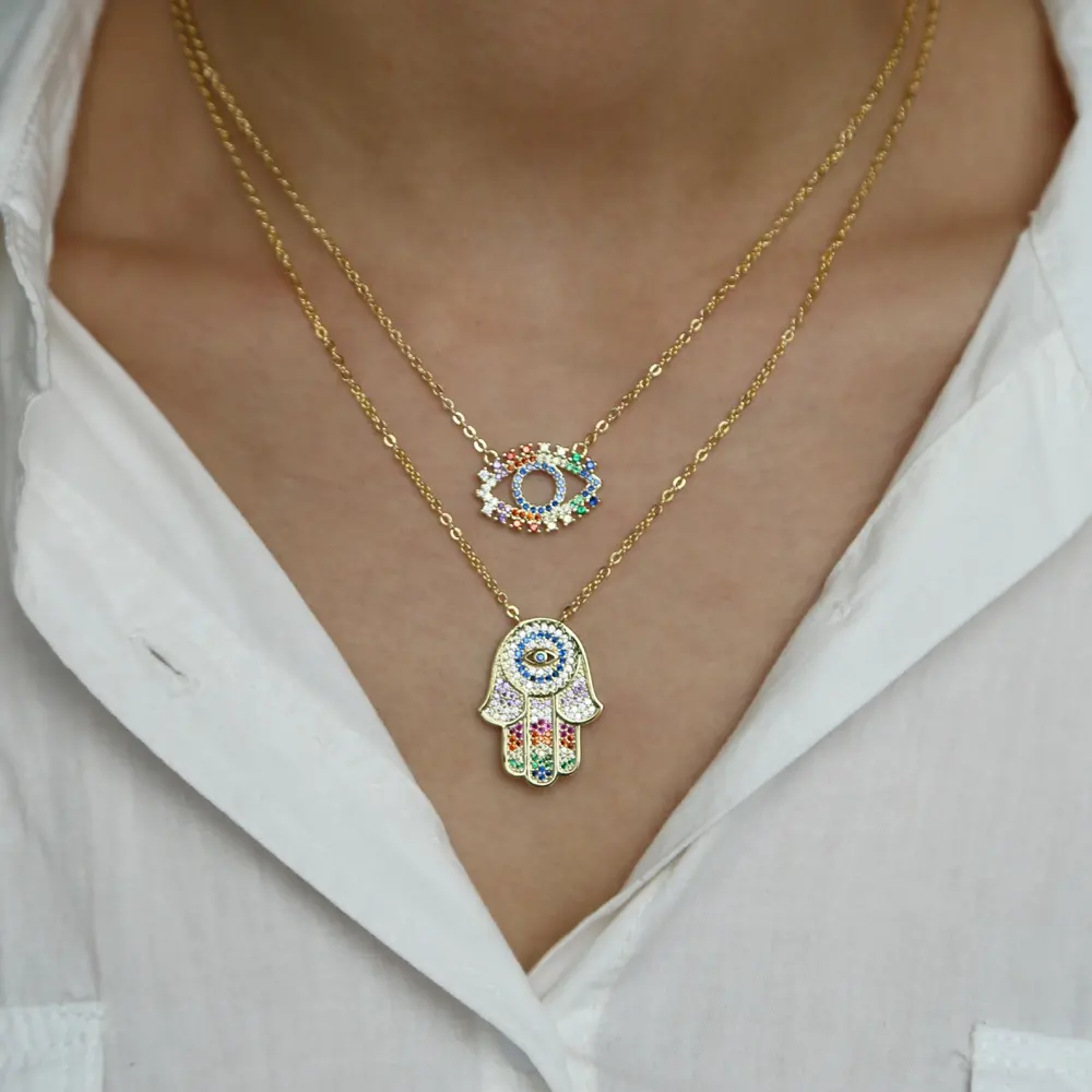 Kalung Liontin Tangan Hamsa Mata Jahat Perhiasan Turki Keberuntungan Warna Pelangi Lapis Emas Cz Mikro Pave