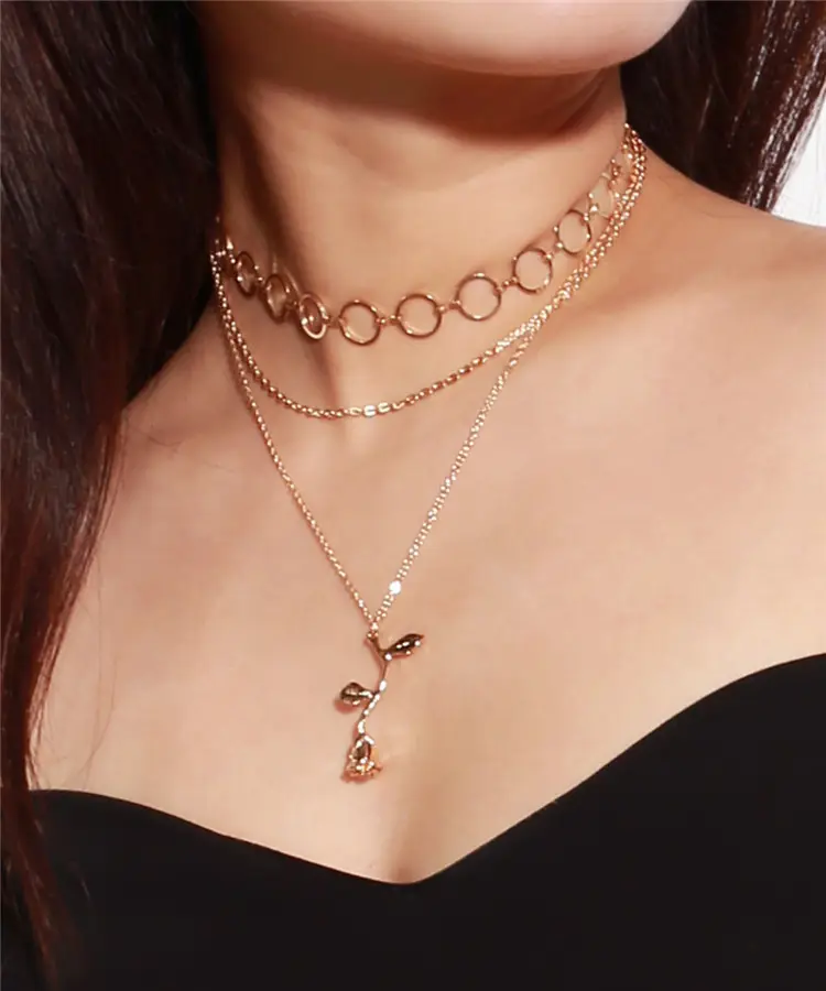 2019 nueva moda de moda al por mayor de las mujeres de la flor rosa de joyas de collares de cadena larga Mulyi capas de Metal collar de oro