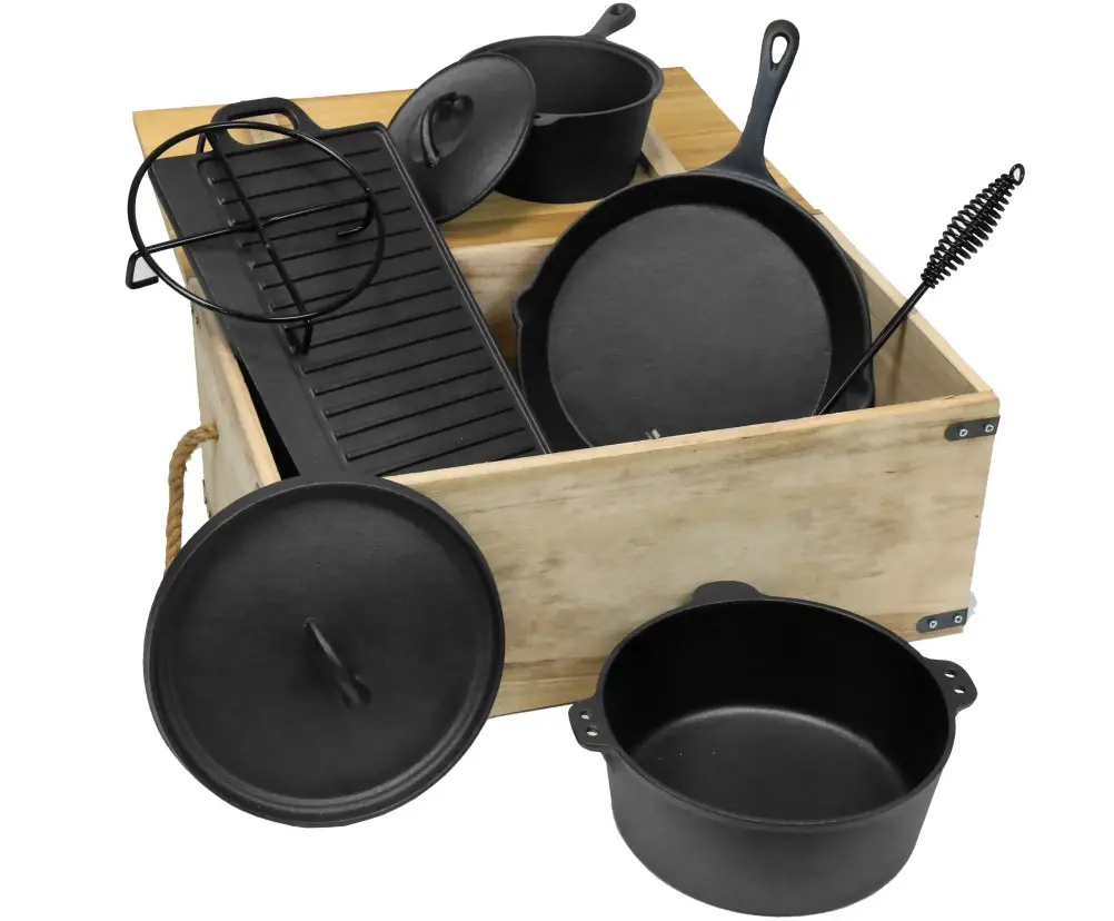 Mẫu miễn phí pre-dày dạn đồ nấu nướng ngoài trời đặt nồi gang Hà Lan lò cắm trại Cookware Set với gỗ mang hộp lưu trữ